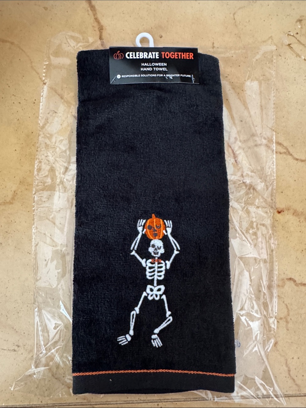 Black Halloween Hand Towel - Skeleton & Pumpkin New
